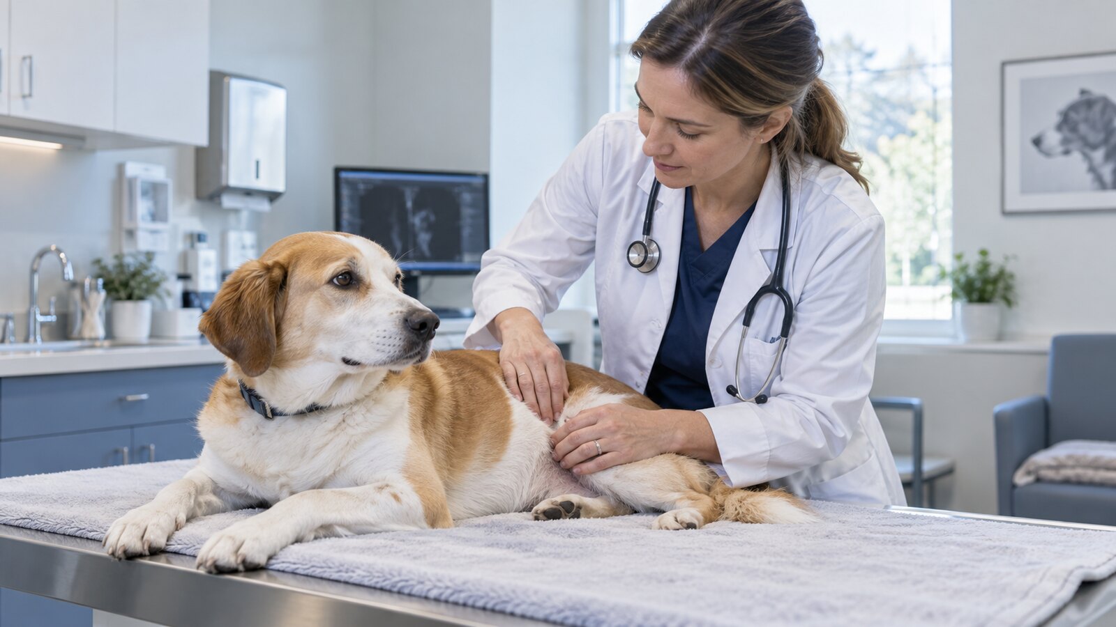 A veterinary oncologist examining a dog in a specialty hospital
