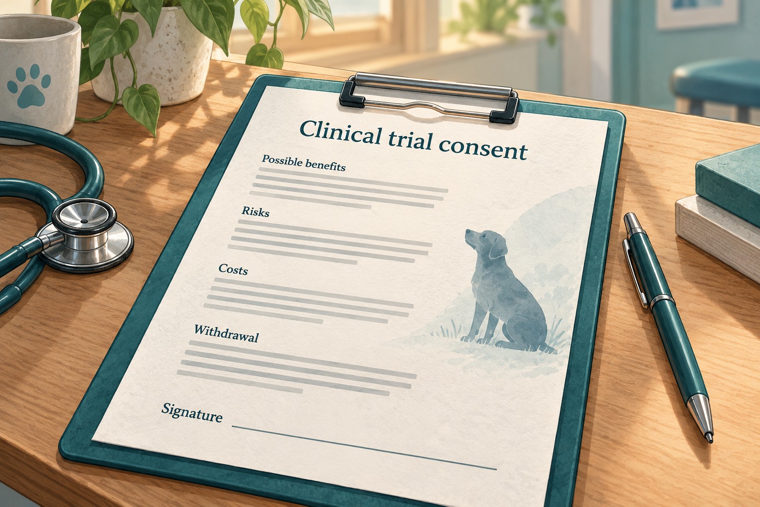 Illustration of a fictional unsigned clinical trial consent form with sections for possible benefits, risks, costs and withdrawal