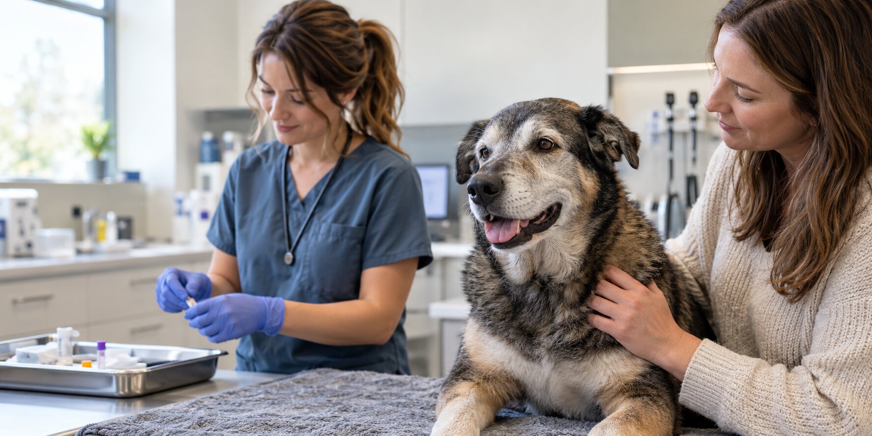A senior dog with an owner while a veterinary professional prepares a blood sample