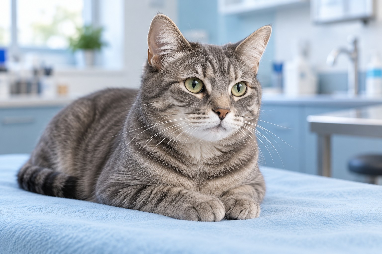 Illustration of a gray tabby cat resting on a veterinary examination blanket