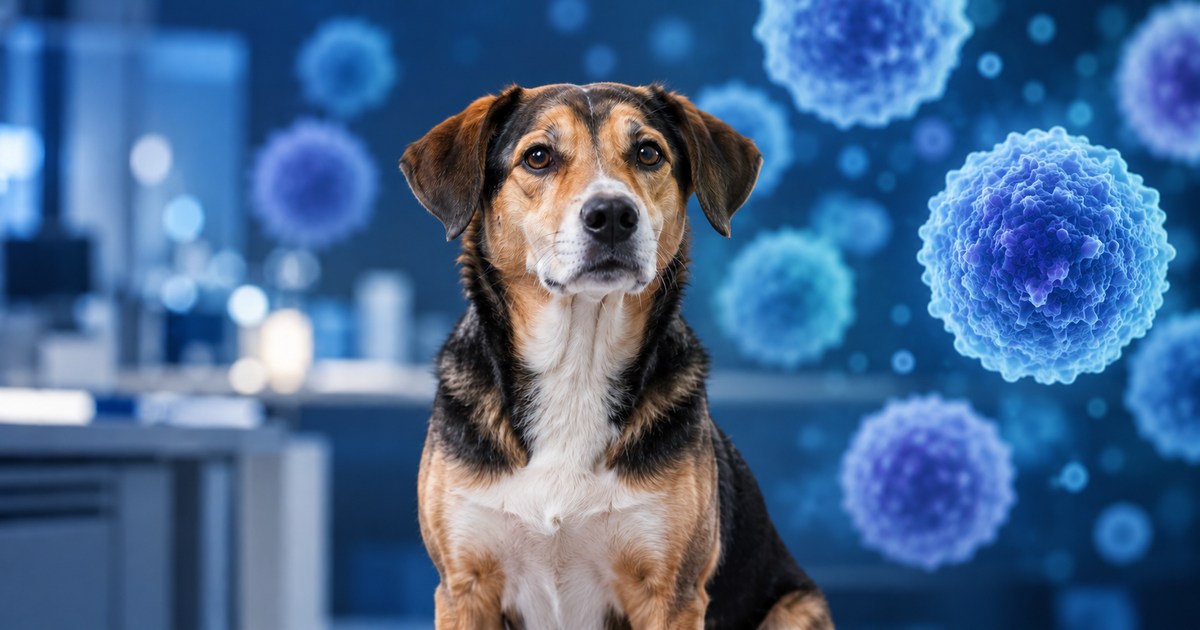 Illustration of a dog with abstract immune cells; the dog is not a study participant